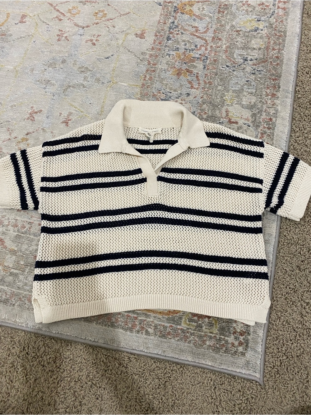 Cream Knit Polo Top with Black Stripes